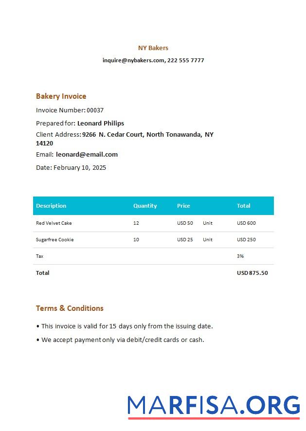 Printable Bakery Invoice example